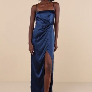 Stunning Expression Navy Blue Satin Pleated Tulip Maxi Dress